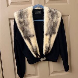 Vintage Black Cashmere Cardigan with Mink Fur collar